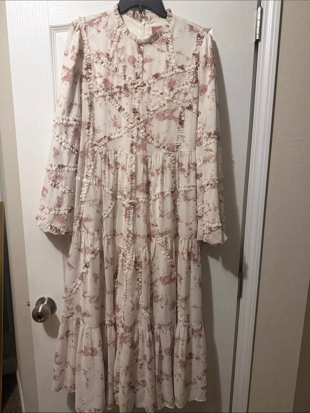 JessaKae Cream Maxi Dress with Dusty Rose Floral Ruffle Detail